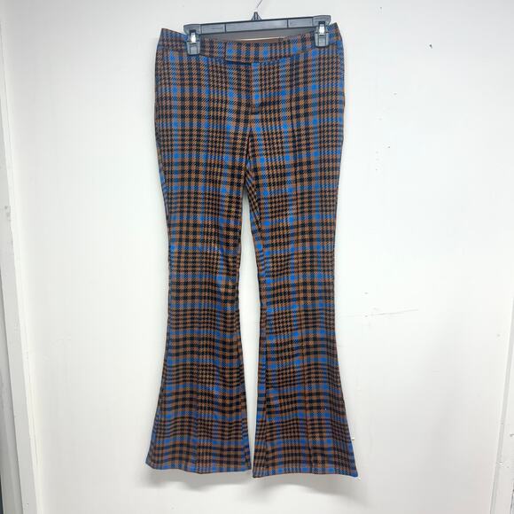 FUTURE COLLECTIVE Women Houndstooth Brown Plaid High Rise Flare Pants Size 0 - Picture 2 of 4